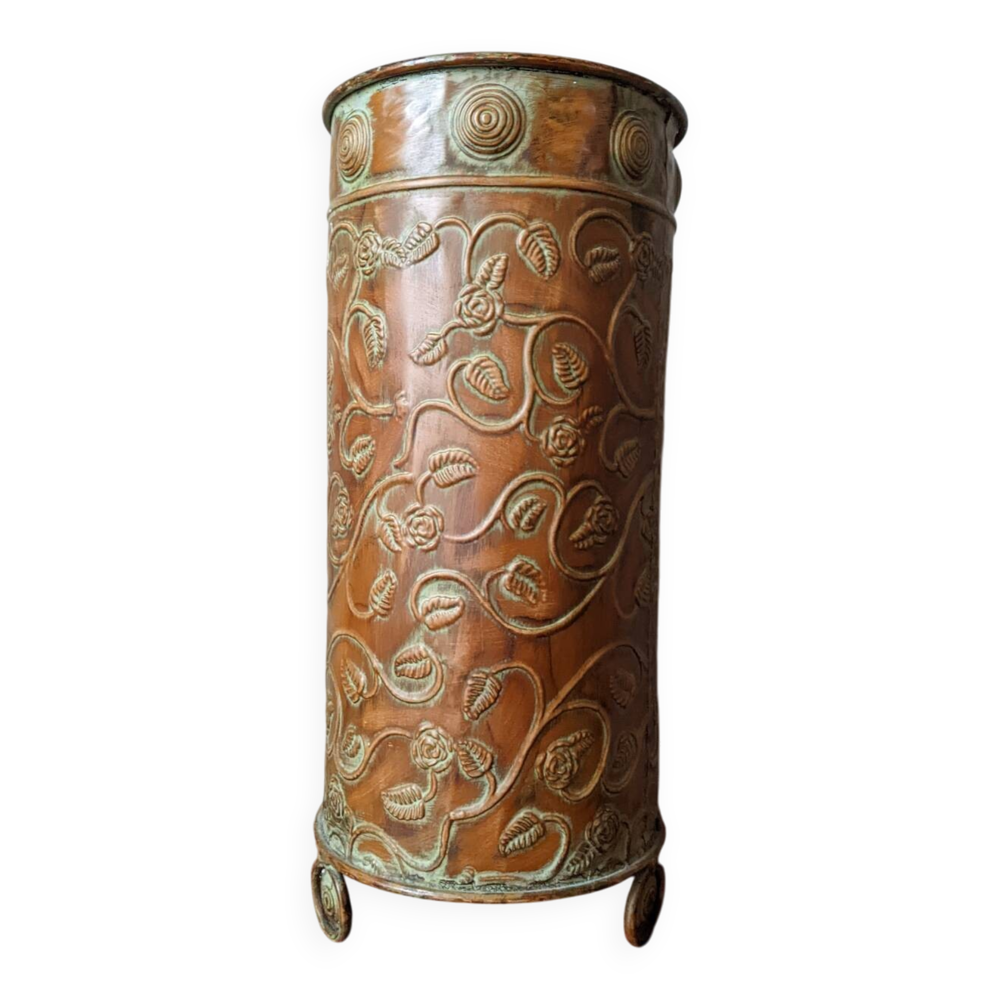 Metal repoussé umbrella stand bohemian country decor