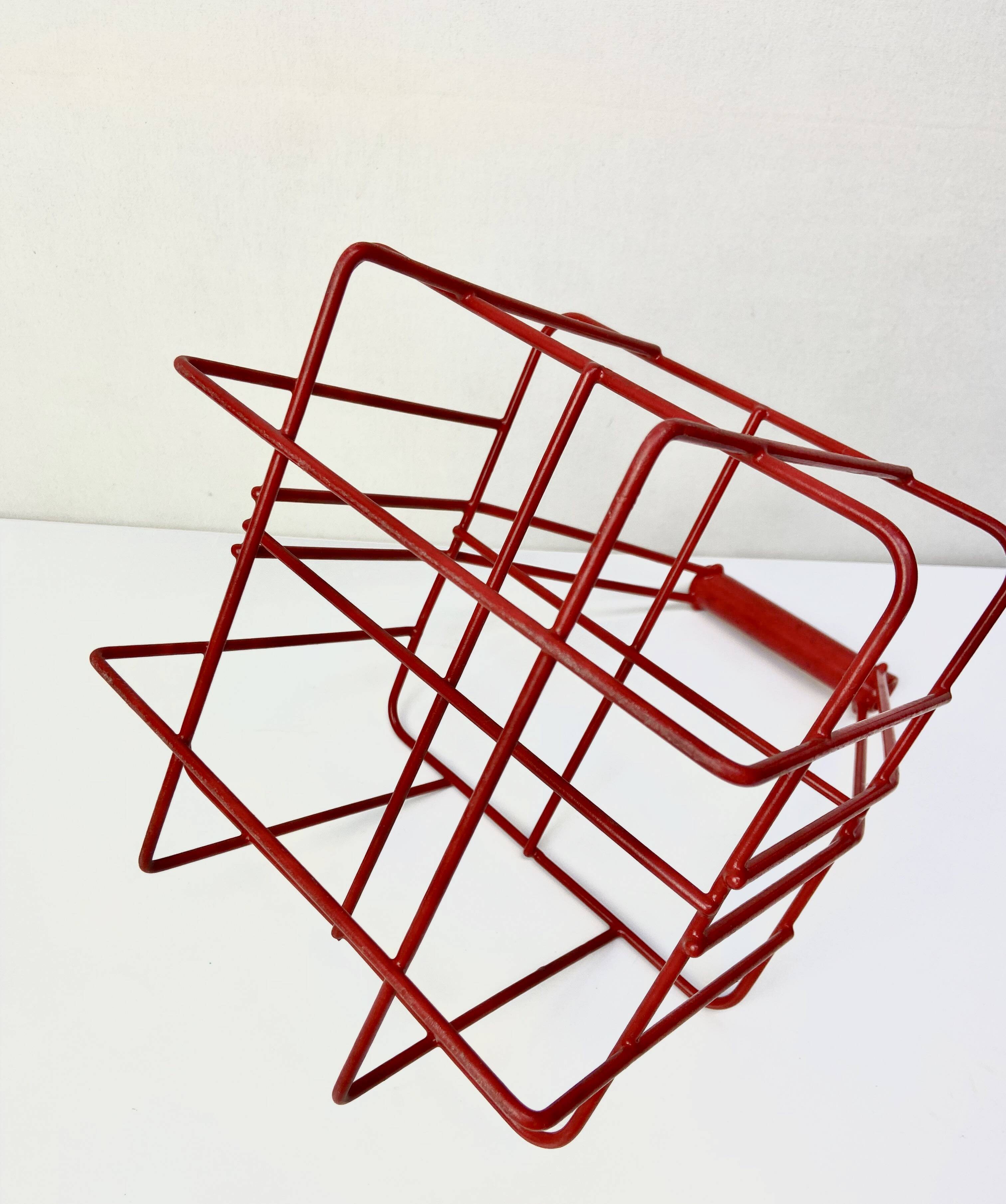 Metal bottle holder basket covered in bright red - caddy for 4 bottles