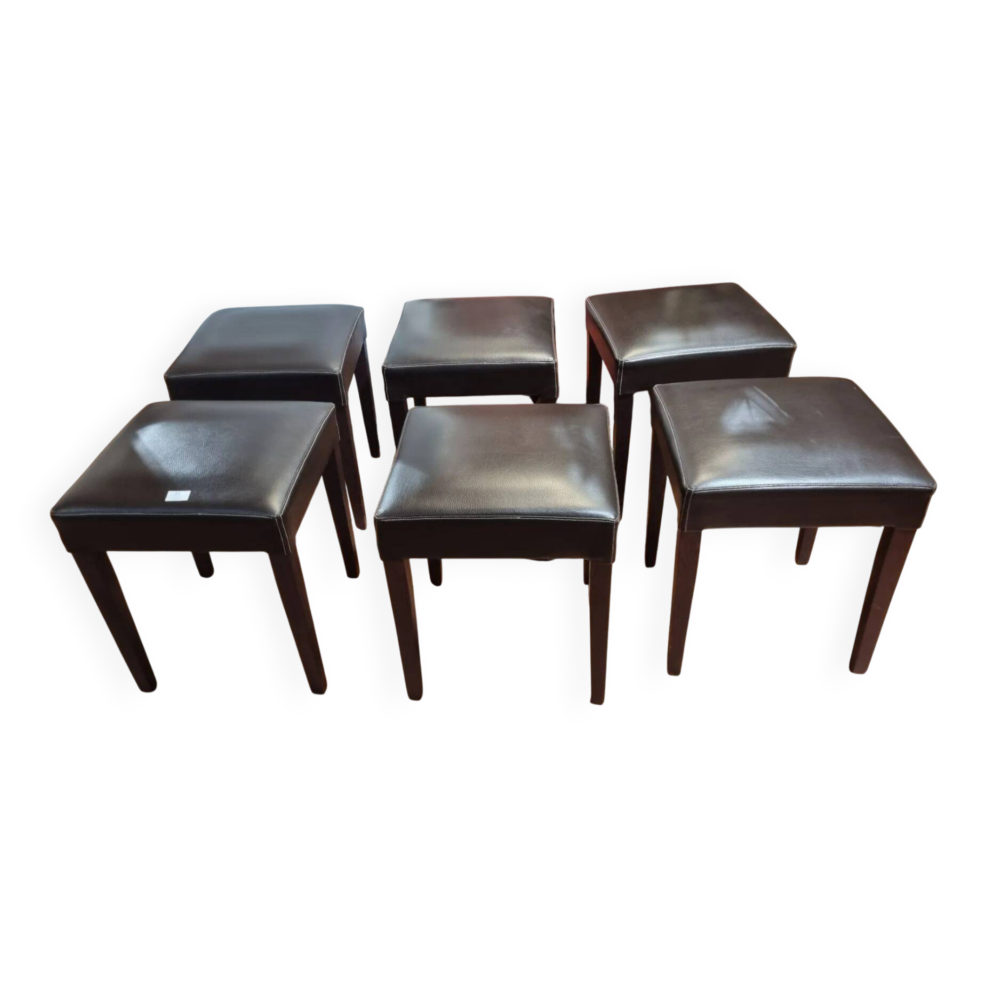 Brown leather square stool with wooden legs – padded seat