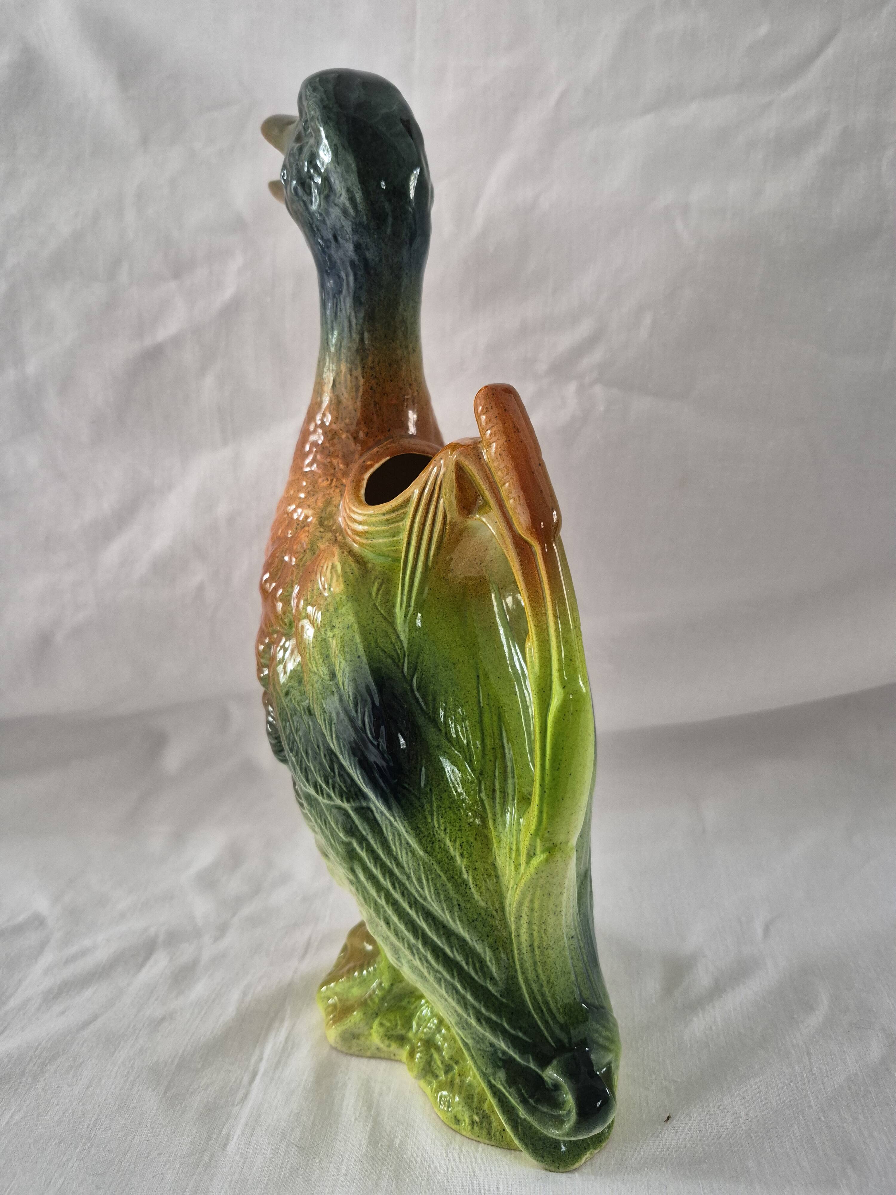 Old barbotine jug Saint Clément Mallard Duck A027