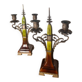 pair of antique Austrian bronze candlesticks, Art Nouveau style,