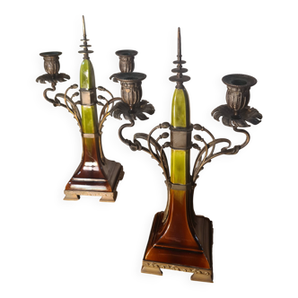 pair of antique Austrian bronze candlesticks, Art Nouveau style,