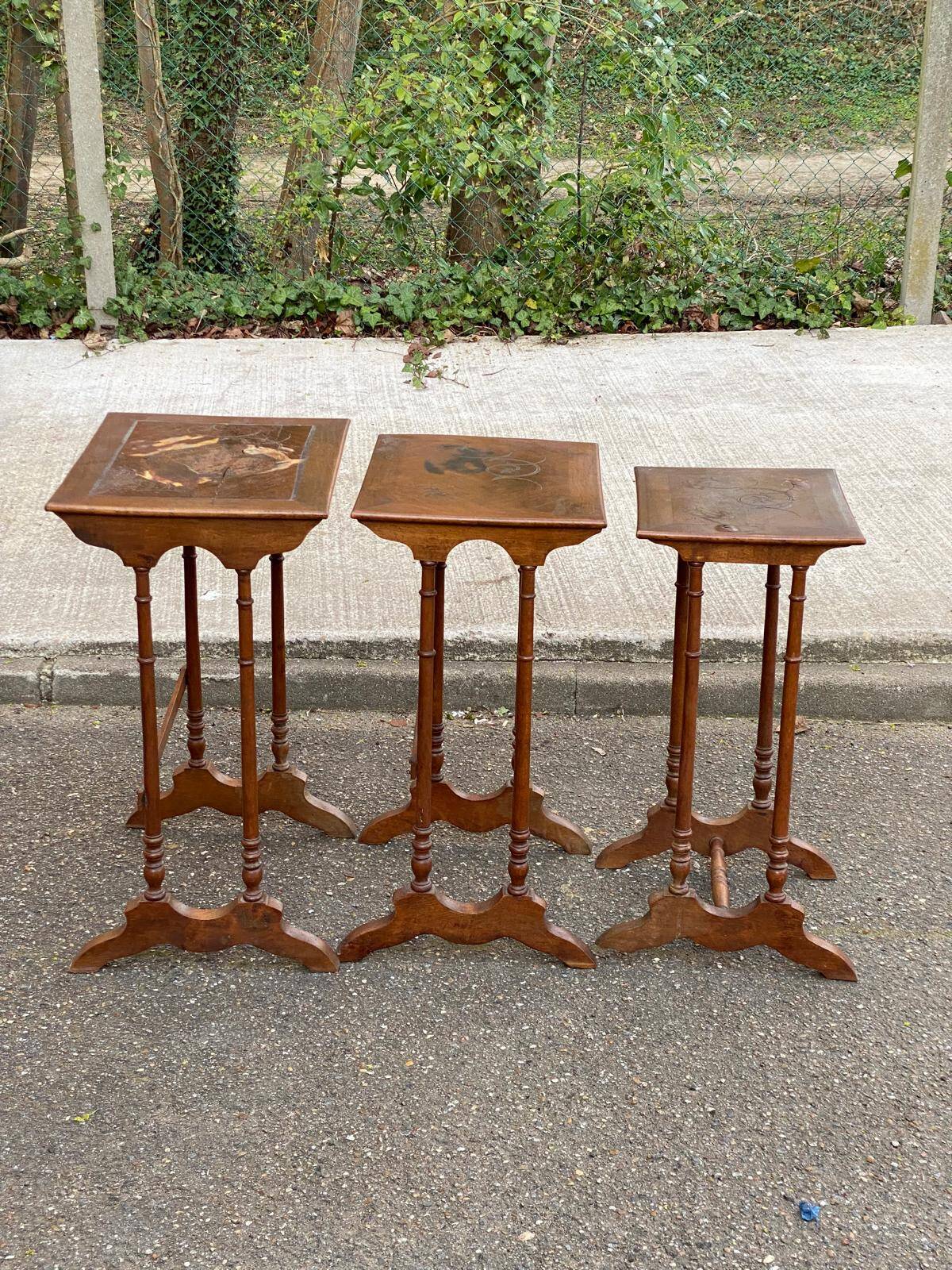 3 nesting tables in Art Nouveau style, made of solid wood and marquetry from the 19th century.
