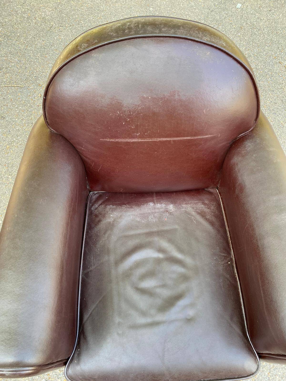 Burgundy brown leather living room sofa and club chair