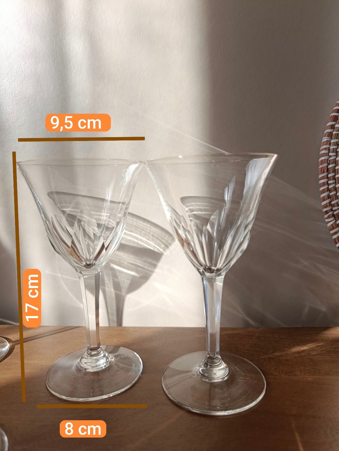 6 crystal water/wine glasses with flat ribs, vintage