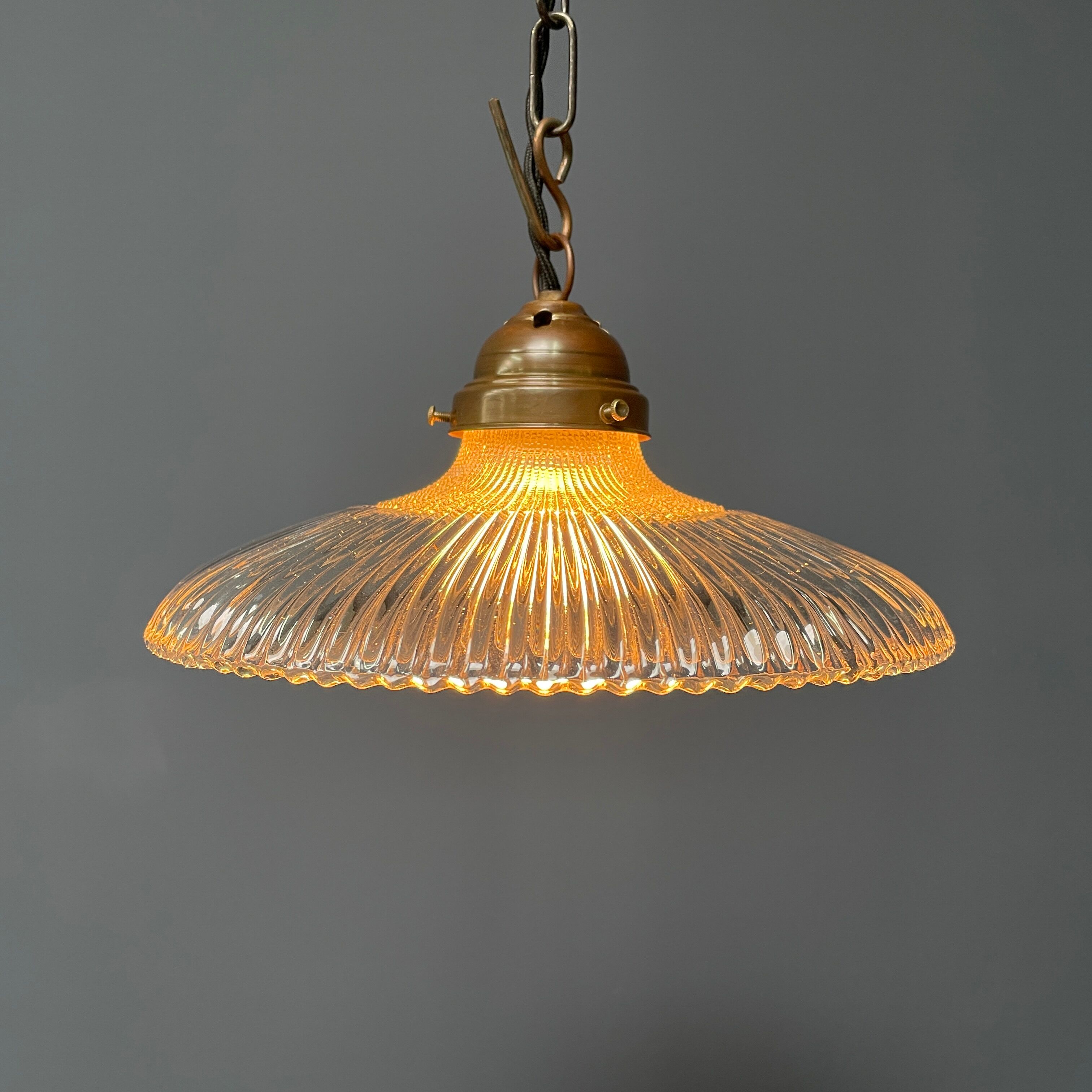 Glass holophane hangingor pendant lamp with brass gallery