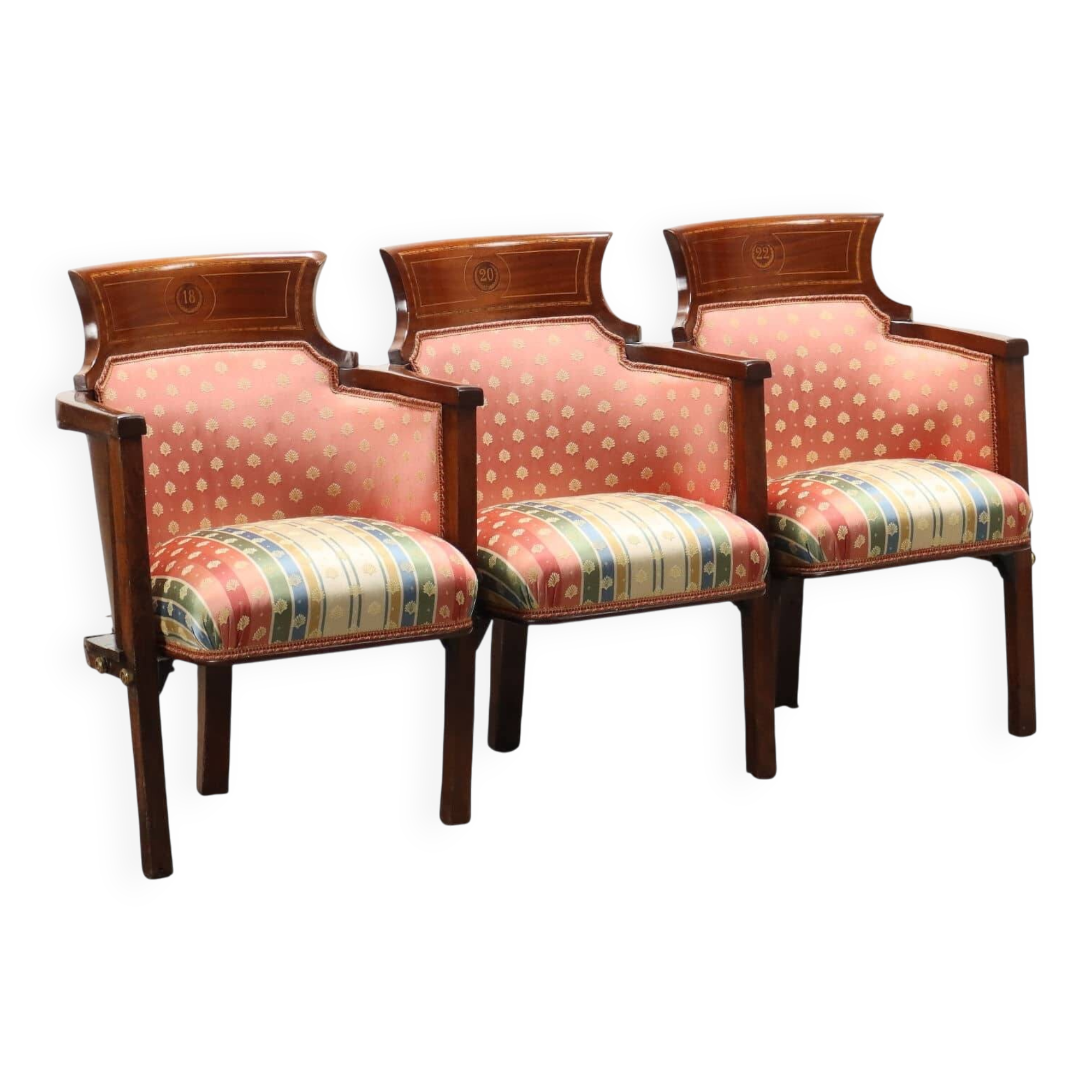 Three vintage cinema or theatre armchairs