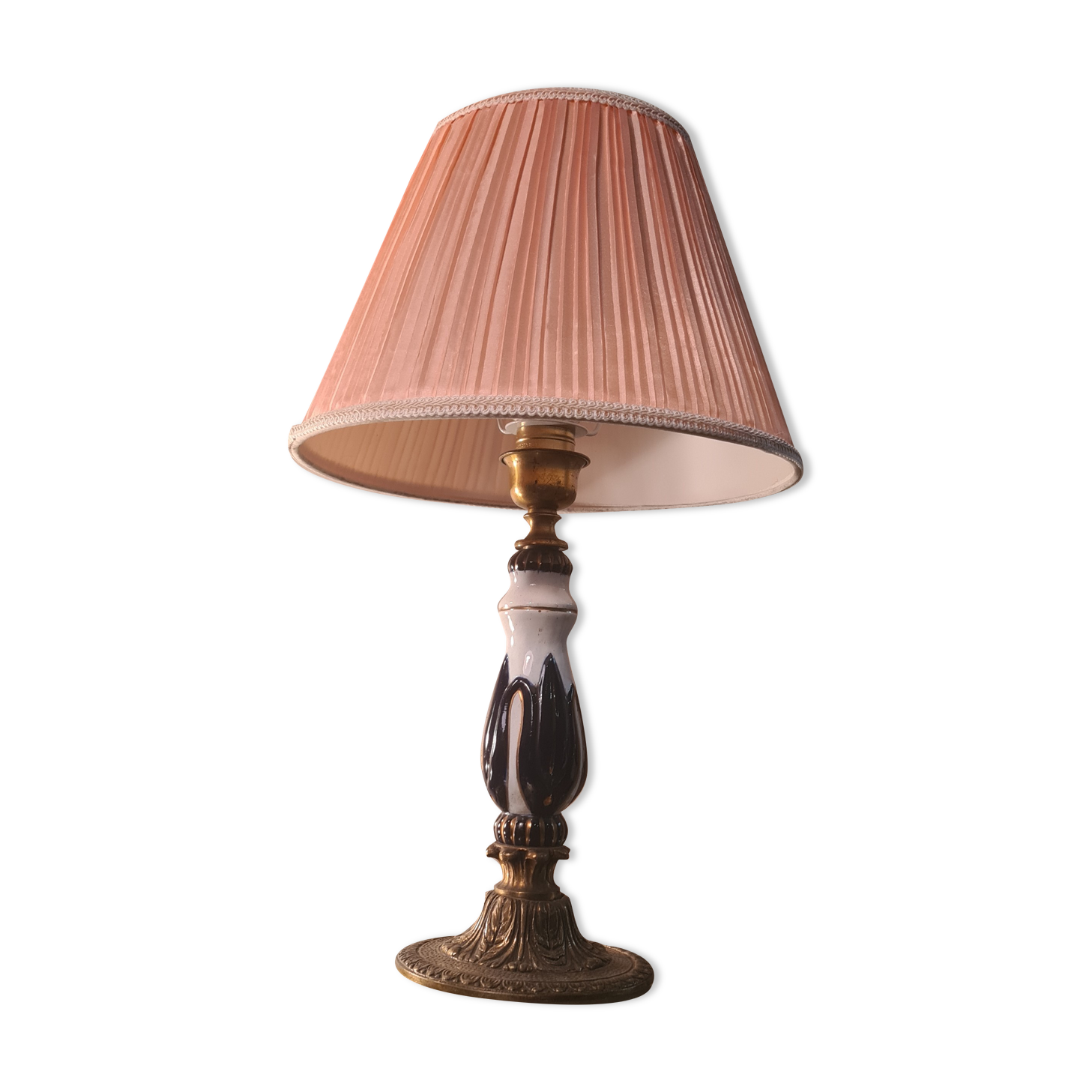 Ceramic and bronze foot lamp, pleated lampshade old pink 48x29 art deco