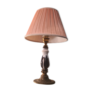 Ceramic and bronze foot lamp, pleated lampshade old pink 48x29 art deco