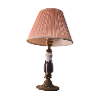 Lampe pied céramique et bronze, abat  jour plissé vieux rose 48x29  art deco