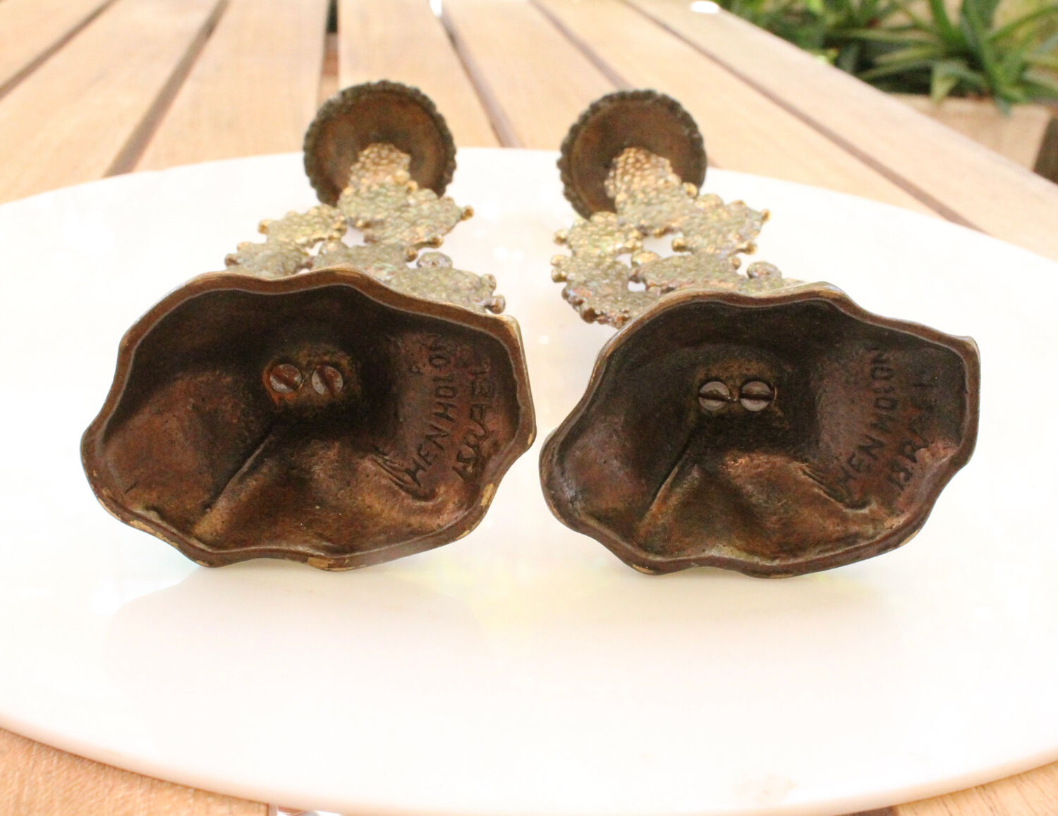 Old pair of vintage Hein Holon Israel cactus candlesticks