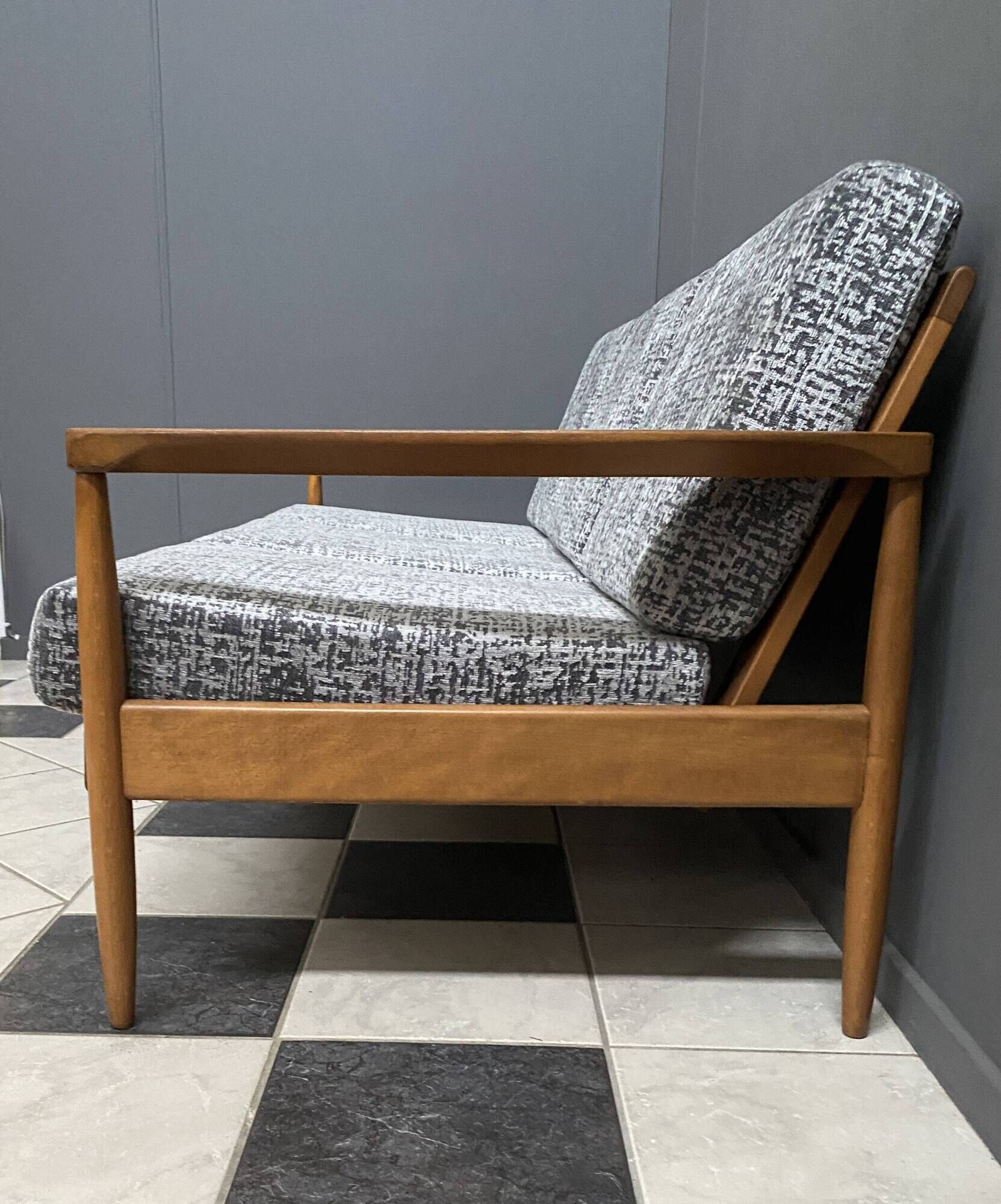 Grey fabric and wood 3 seat sofa 1960s