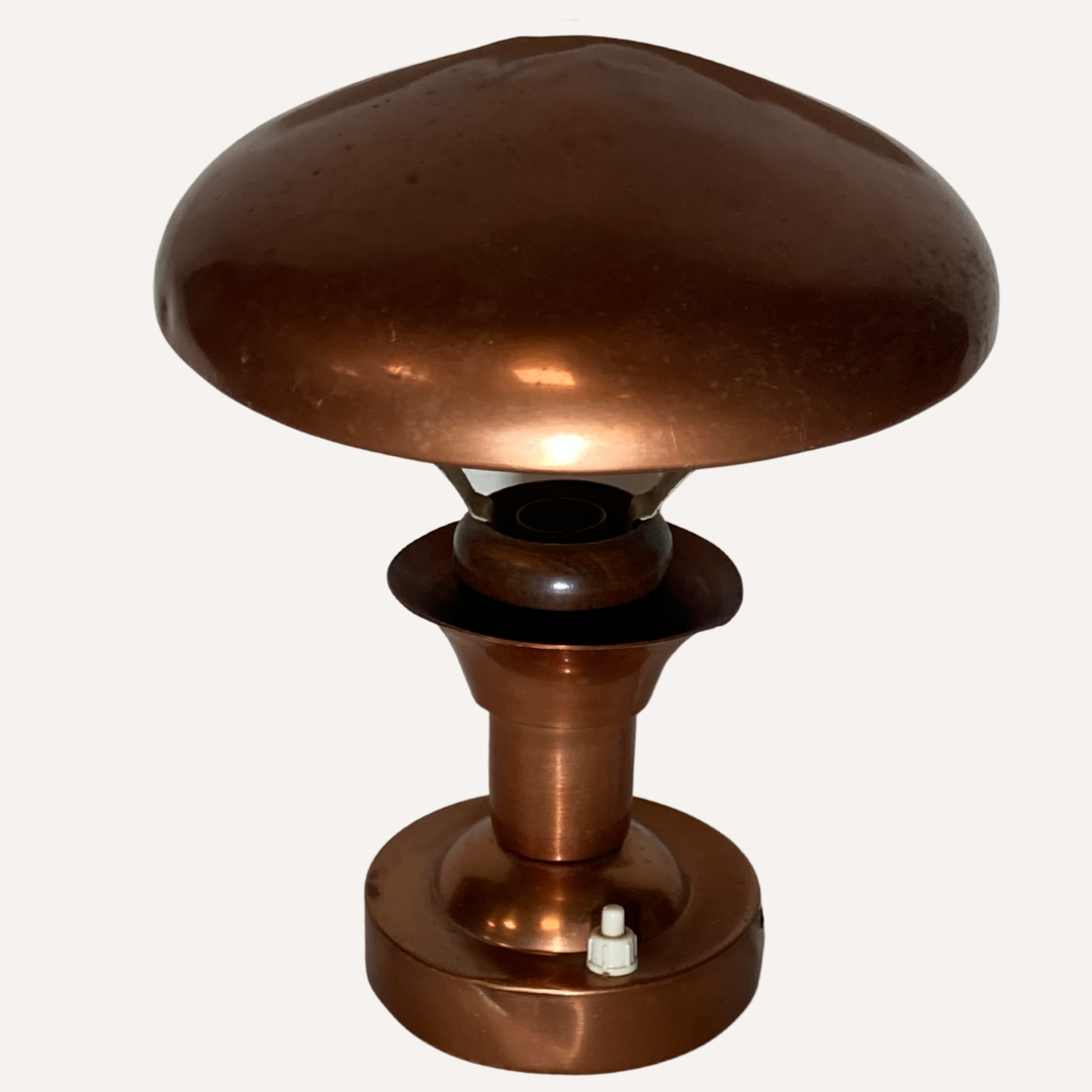 Copper and teak table lamp, France 1950s