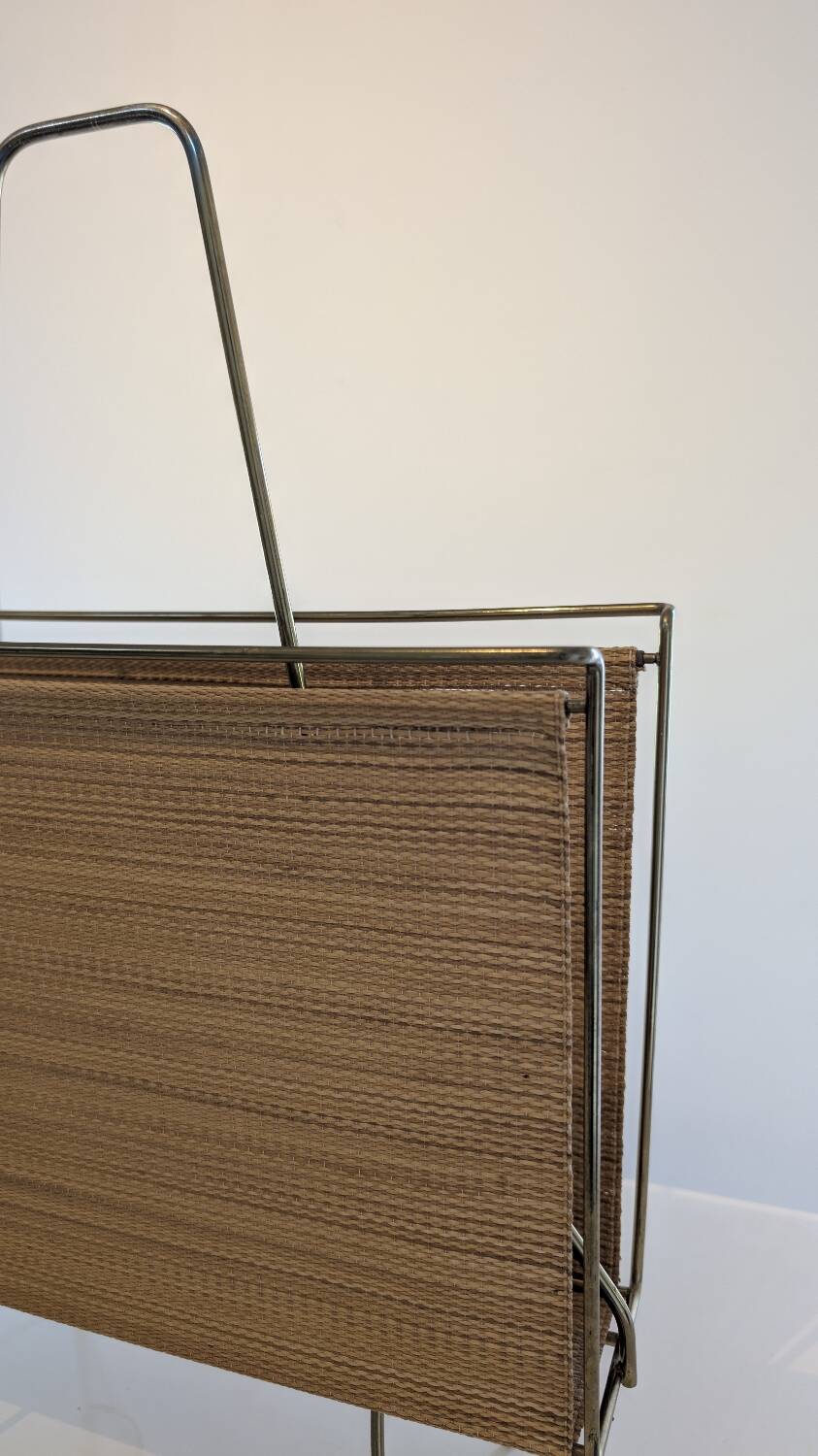 Swedish brass and raffia magazine rack