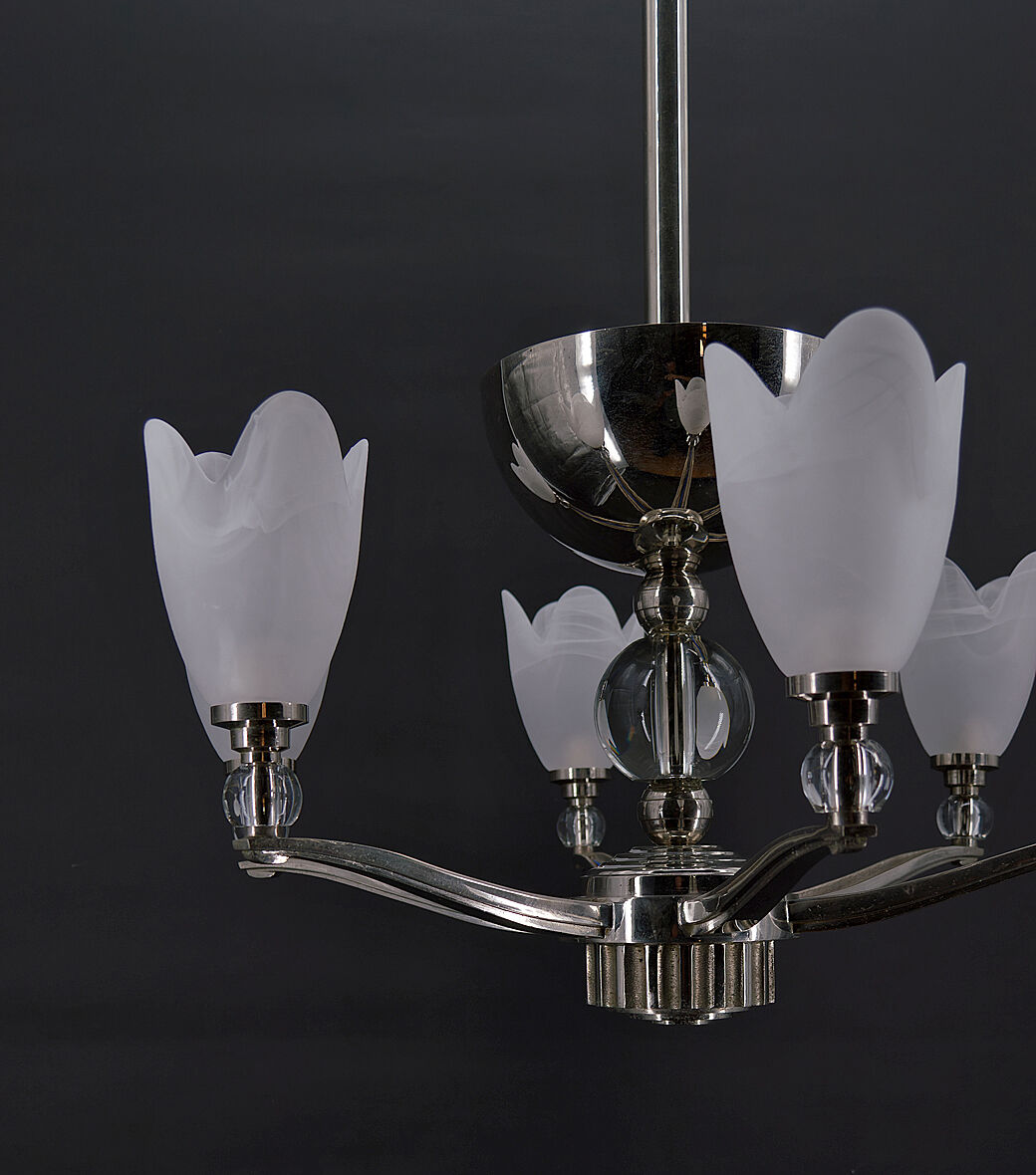 6-spoke Art Deco Modernist chrome chandelier, France, circa 1930