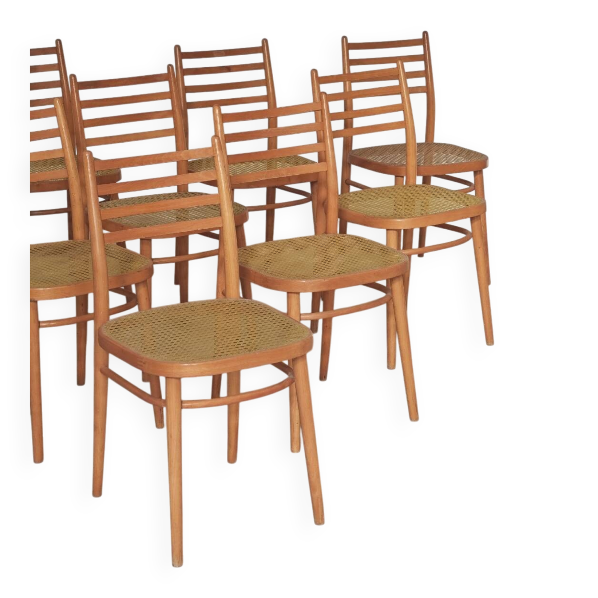 Set of 10 Bystrice tone wooden and caned chairs from the 1960s.