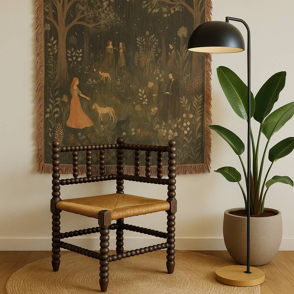 Turned wood corner chair with straw seat