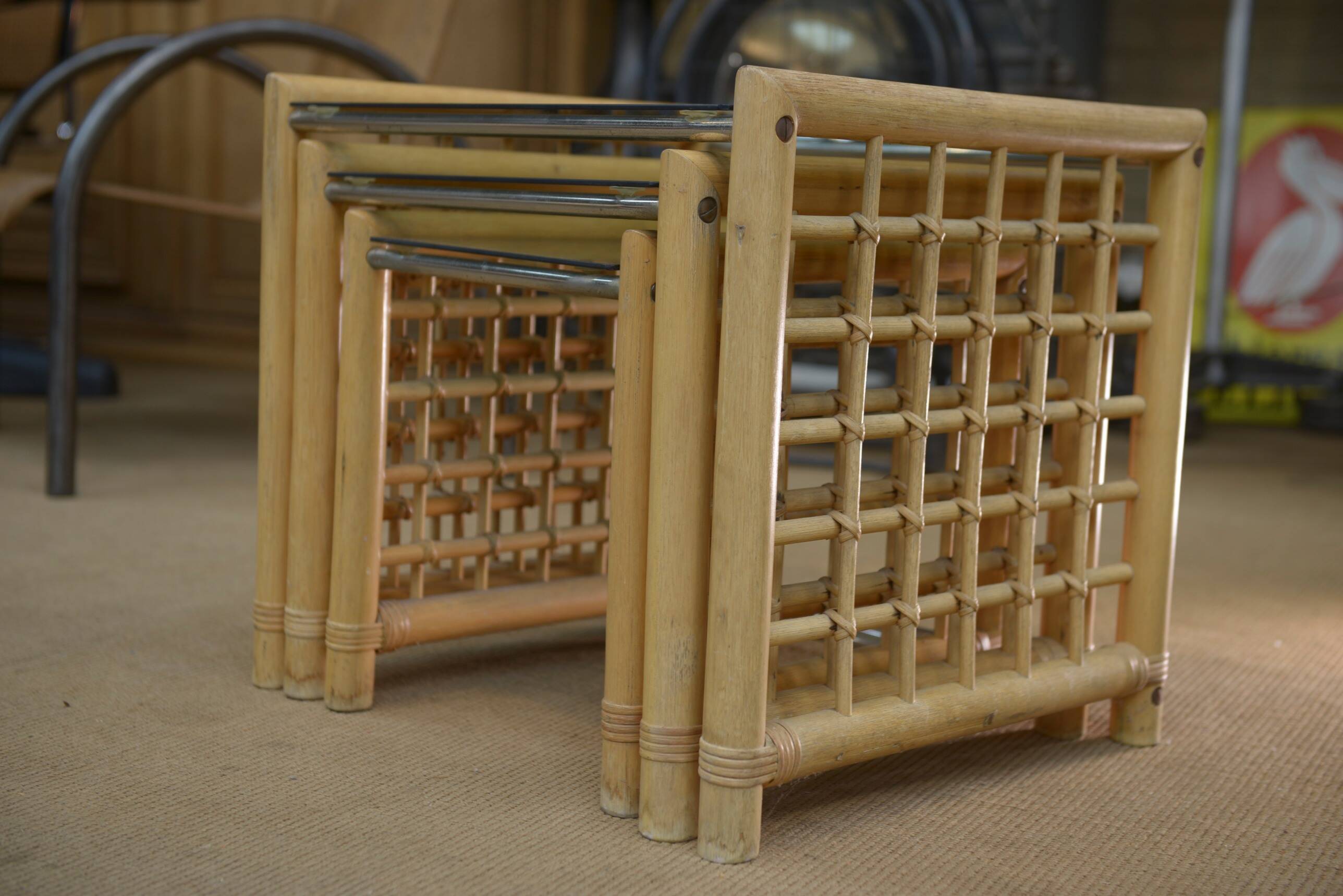 Set of 3 bamboo nesting tables 1960