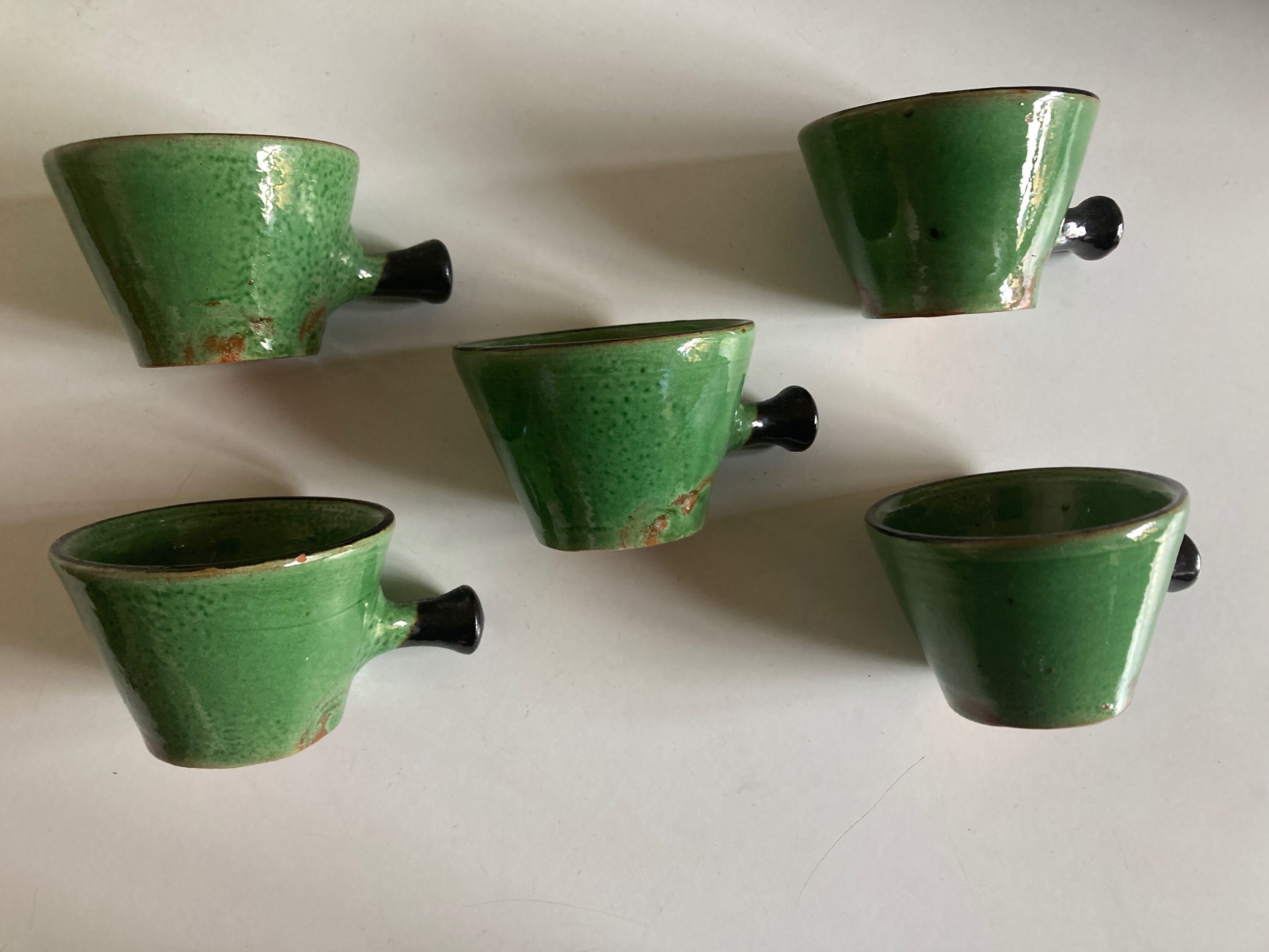 Set of 5 cups in green glazed clay Dieulefit 1960