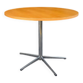 Table ronde en bois, pied métal chromé, année 70-80