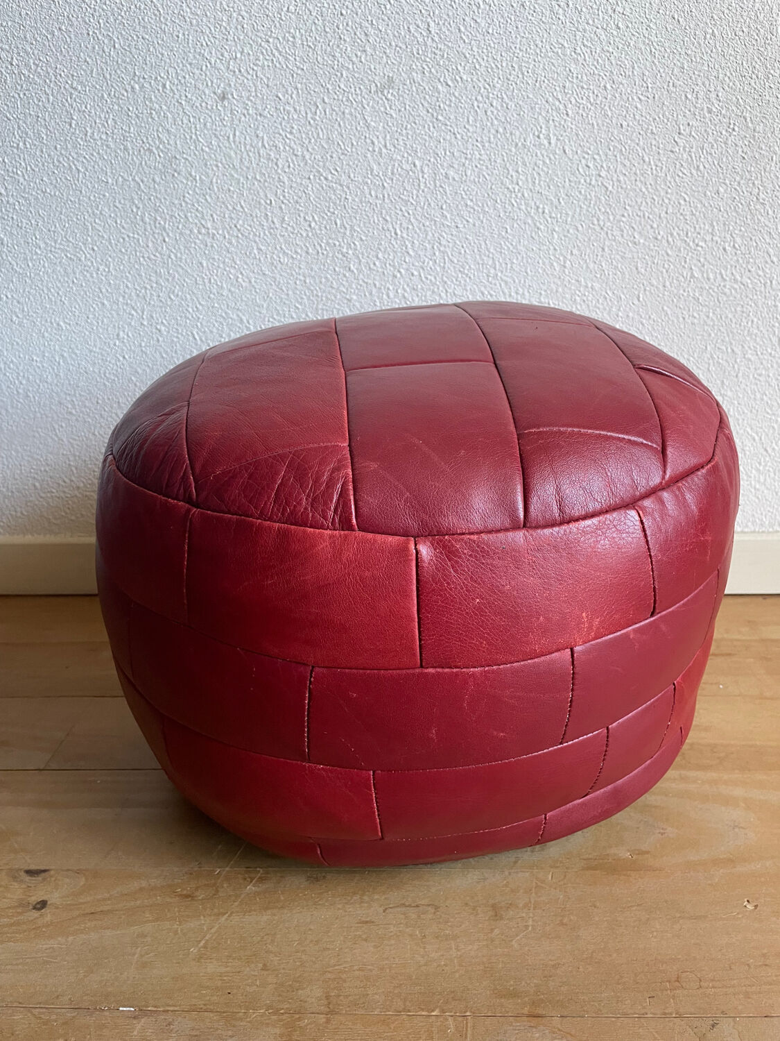 Red patchwork leather pouf
