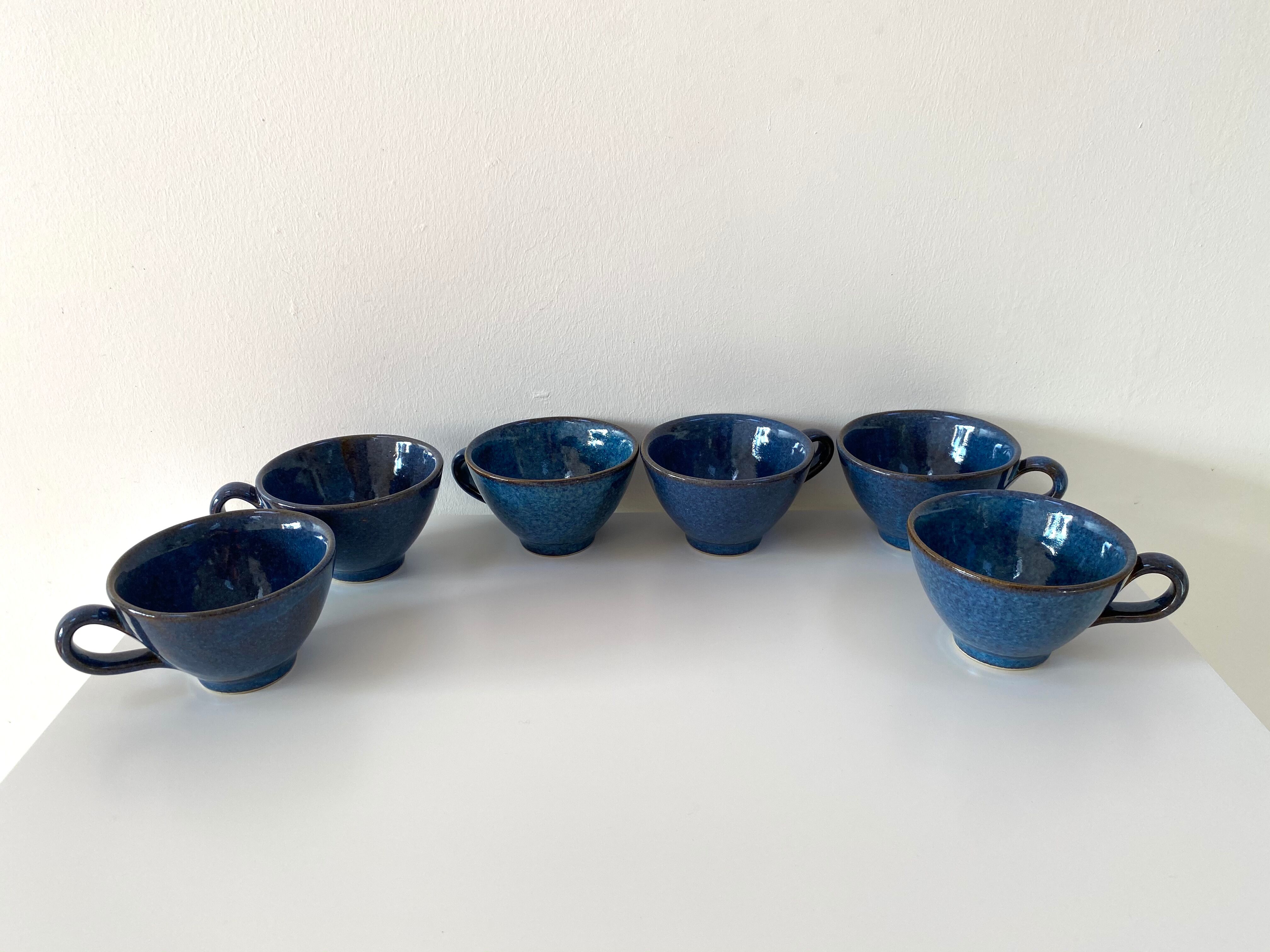 Set of 6 cups or cider bowls in glazed blue stoneware