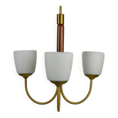 Scandinavian Modern Three-Light Pendant in Brass, Teak and Opaline Glass, 1960s