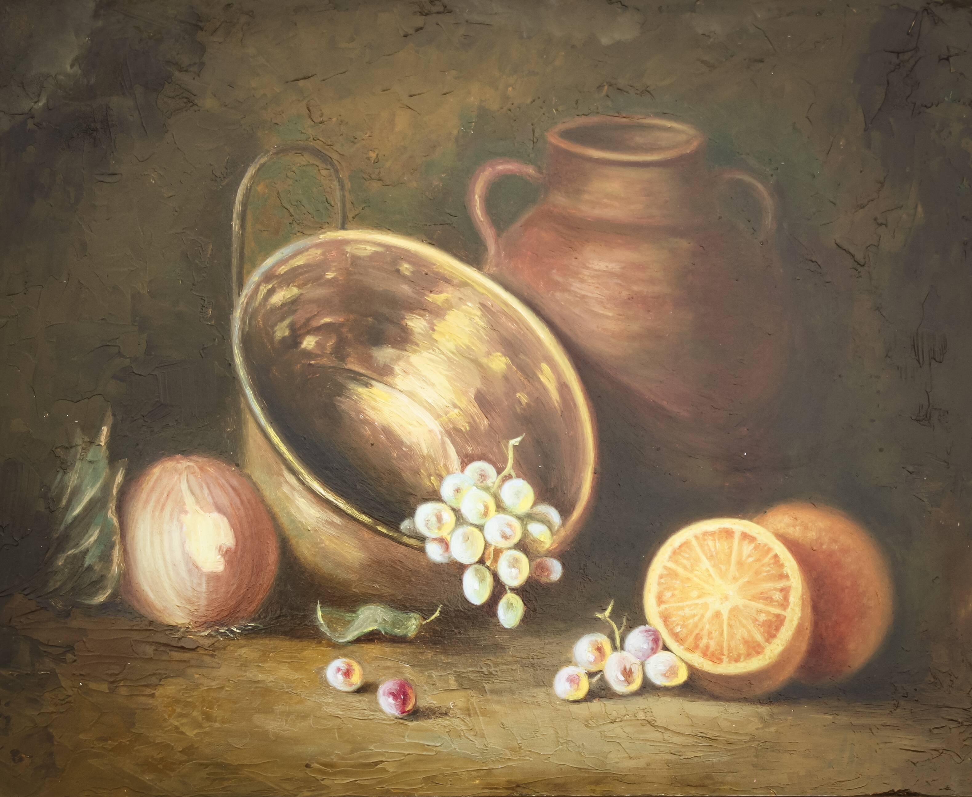 Cuadro al oleo con frutas. Bodegón con fruits y objects de cobre y barro.