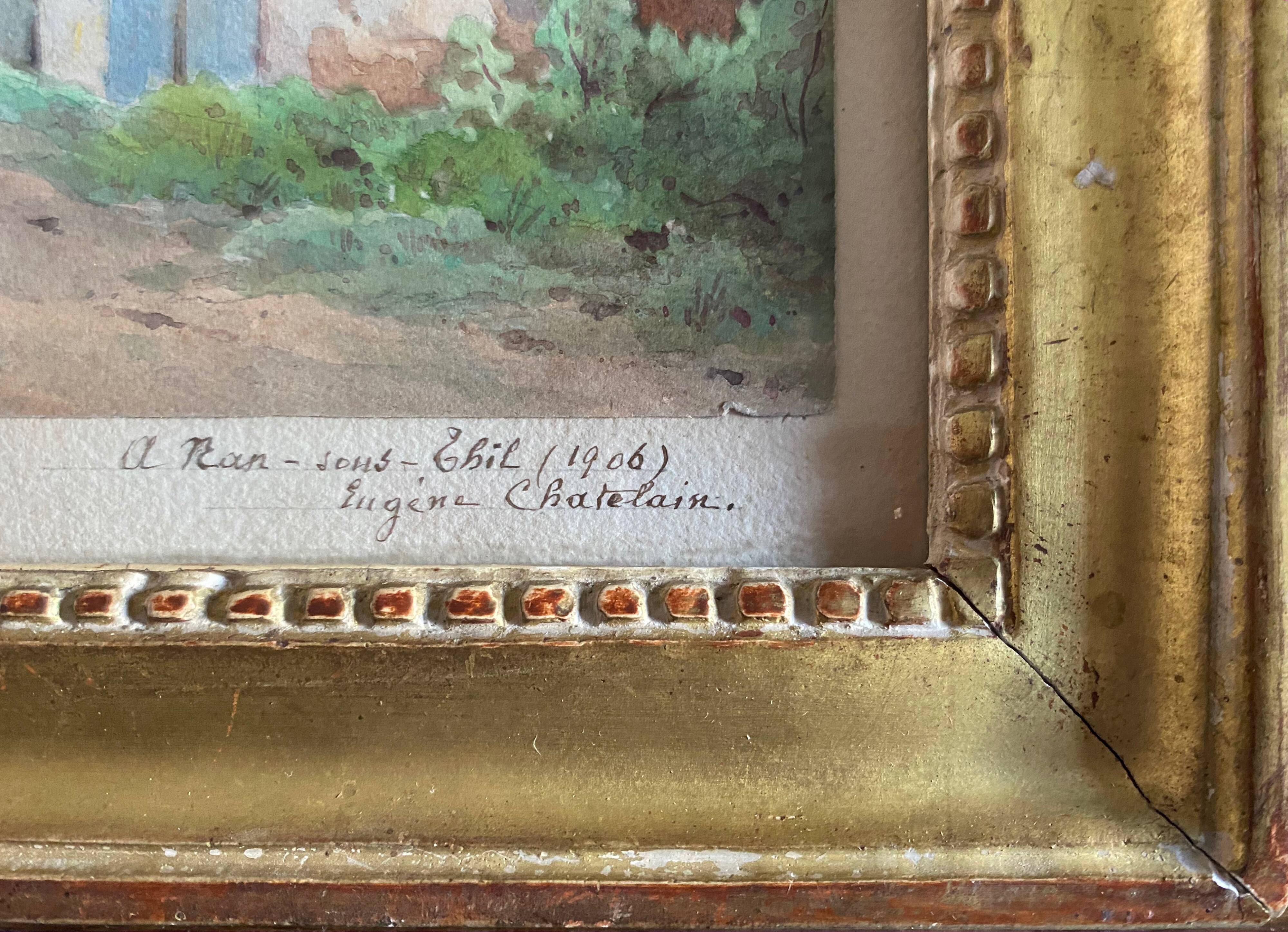 Watercolor painting "Nan-sous-Thil" Burgundy Eugène Cahtelain 1906 + frame