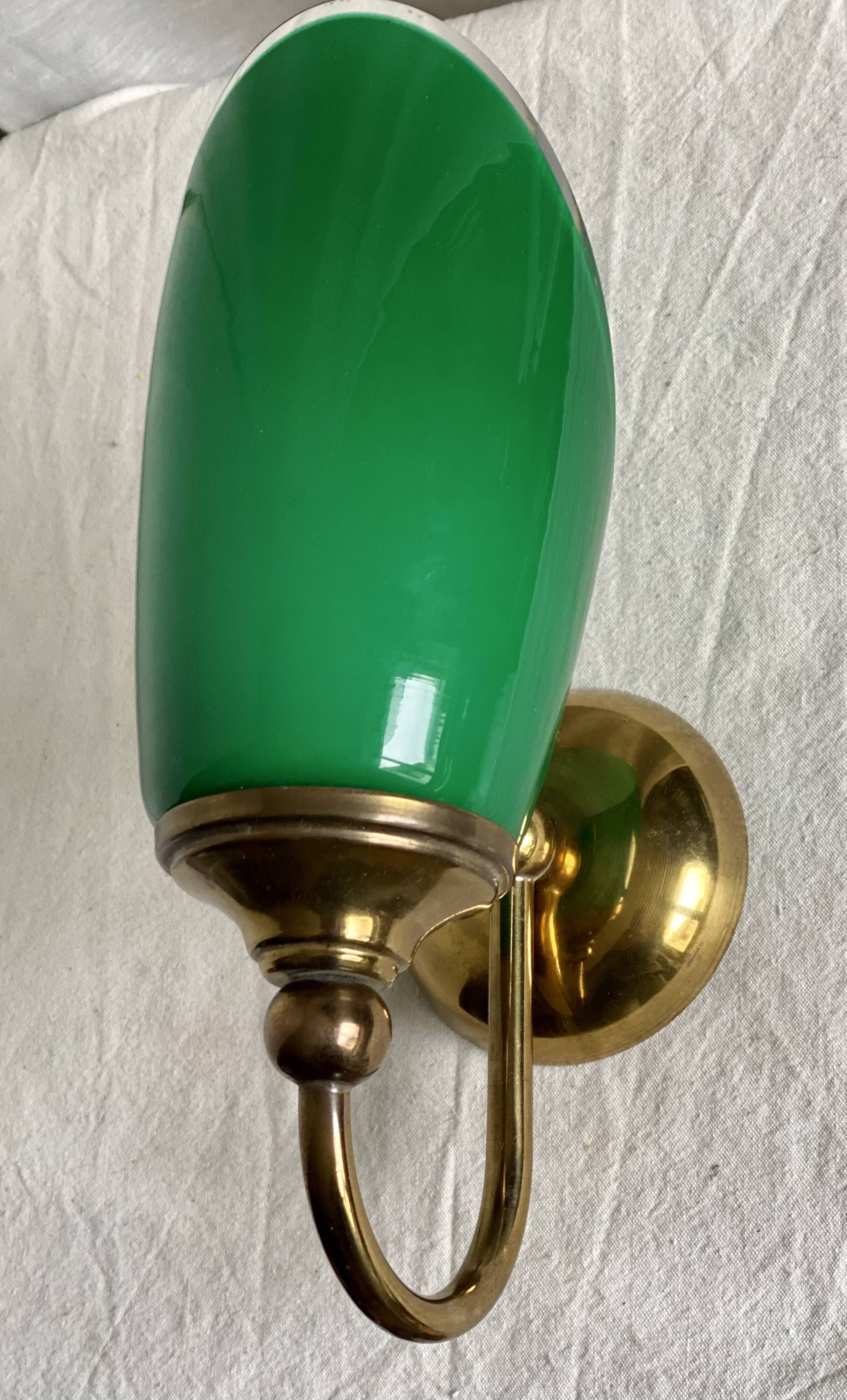 Vintage 1980 green opaline and brass wall light.