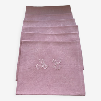 Set of 6 embroidered damask linen napkins