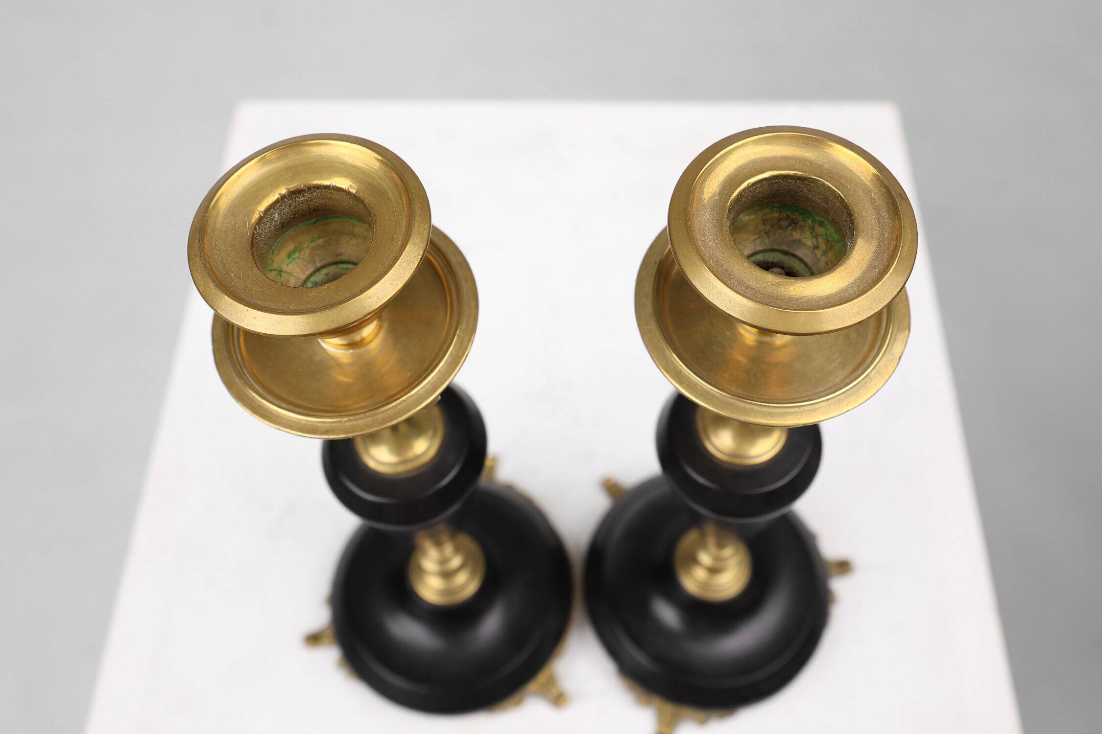 Empire Style Bronze and Ceramic Candlesticks, France, 1870s, Set of 2