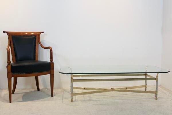 Table basse en laiton, chrome et verre, France 1970