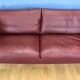 Mid century modern danish maroon leather & beech 2.5 seat sofa settee