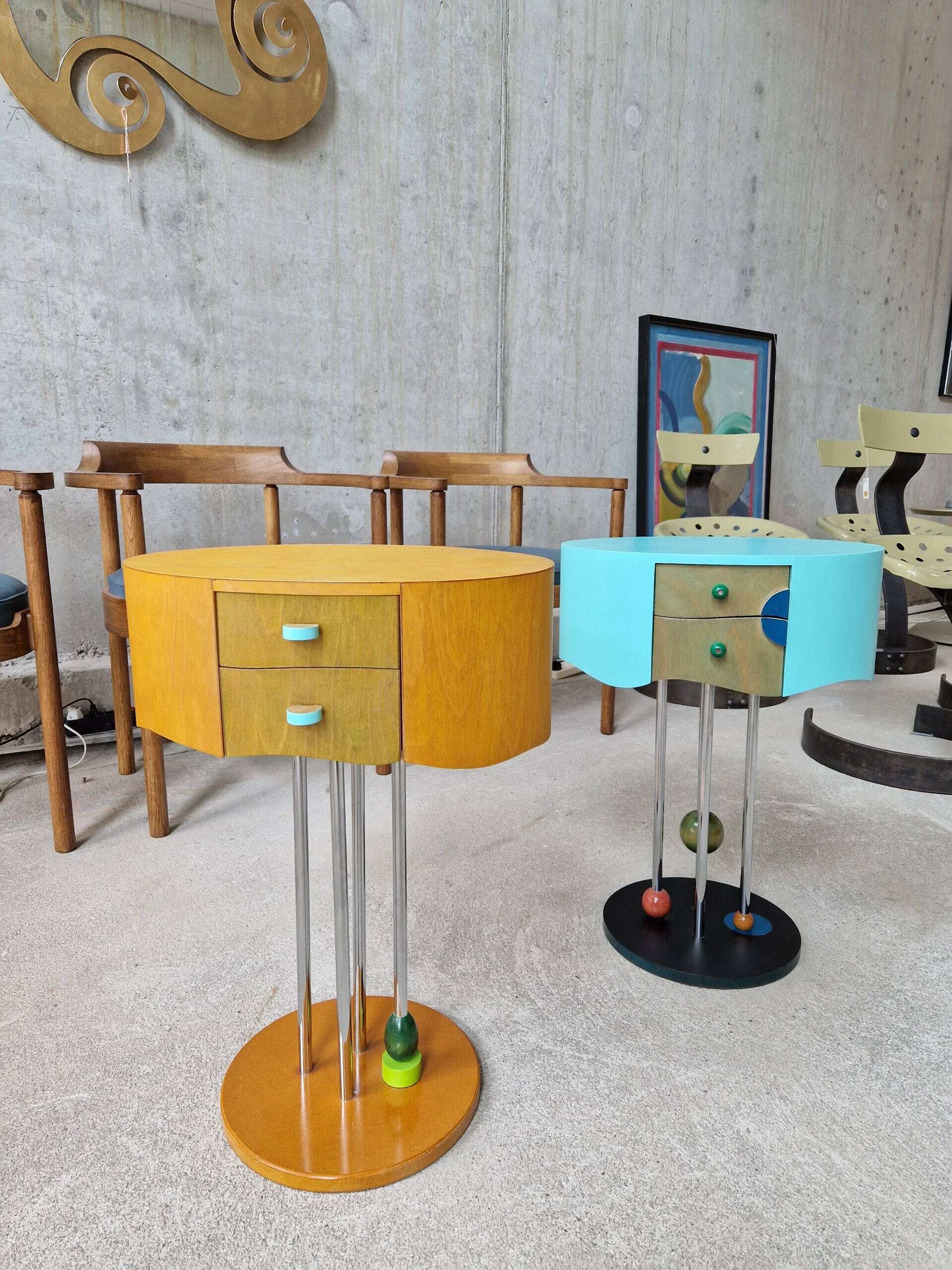 Pair of postmodern Memphis Milano style side tables, 1980s