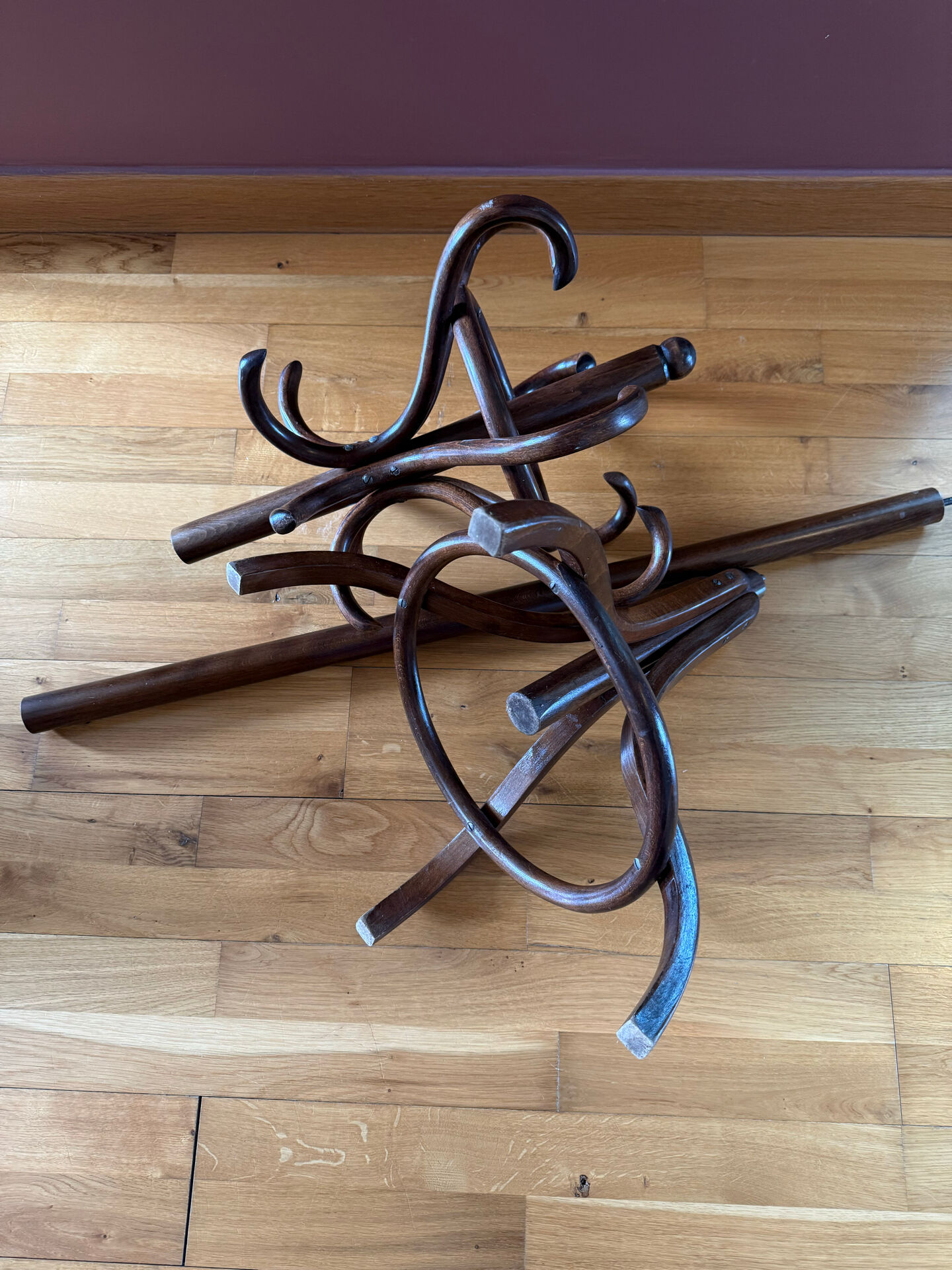 Free-standing coat rack in curved wood, parrot style Baumann or T.