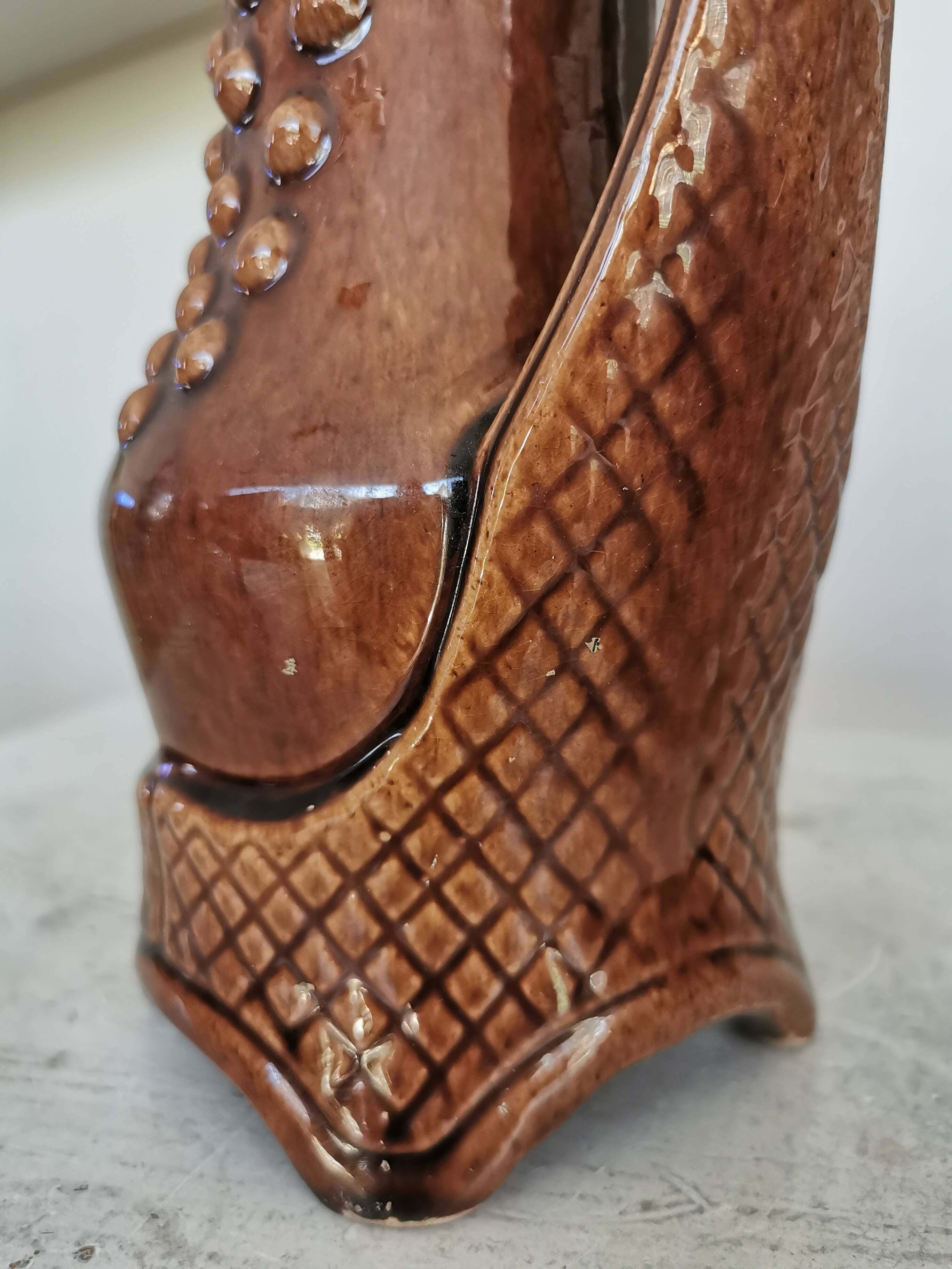 Vintage Amphora Vase: Large Brown Glazed Pottery with Grape Motif