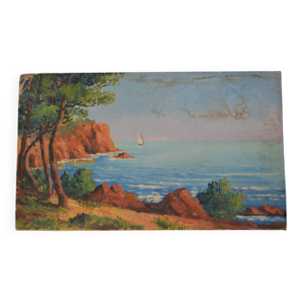 Old painting of a seaside landscape, Côte d'Azur, France 27 x 16 cm