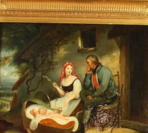 19th century oil painting on canvas: The spinner and the soldier