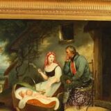 19th century oil painting on canvas: The spinner and the soldier