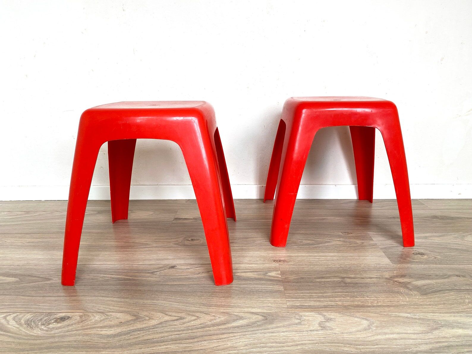 Space age plastic stool, vintage end table, mid century, red plant stand