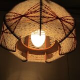 Scandinavian hanging lamp, wood and stretched wire, 1960s