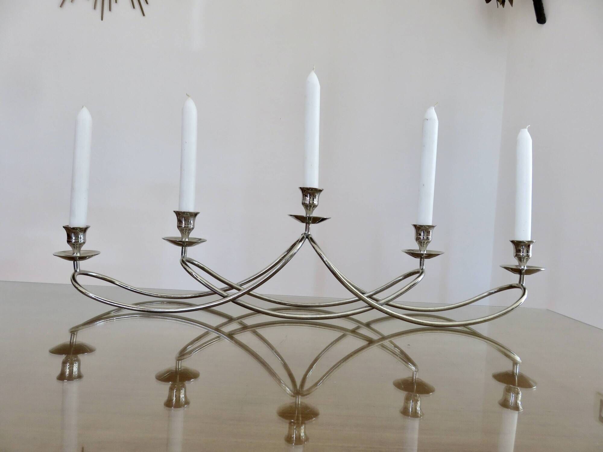 XXL silver metal candle holder 5 lights 70s