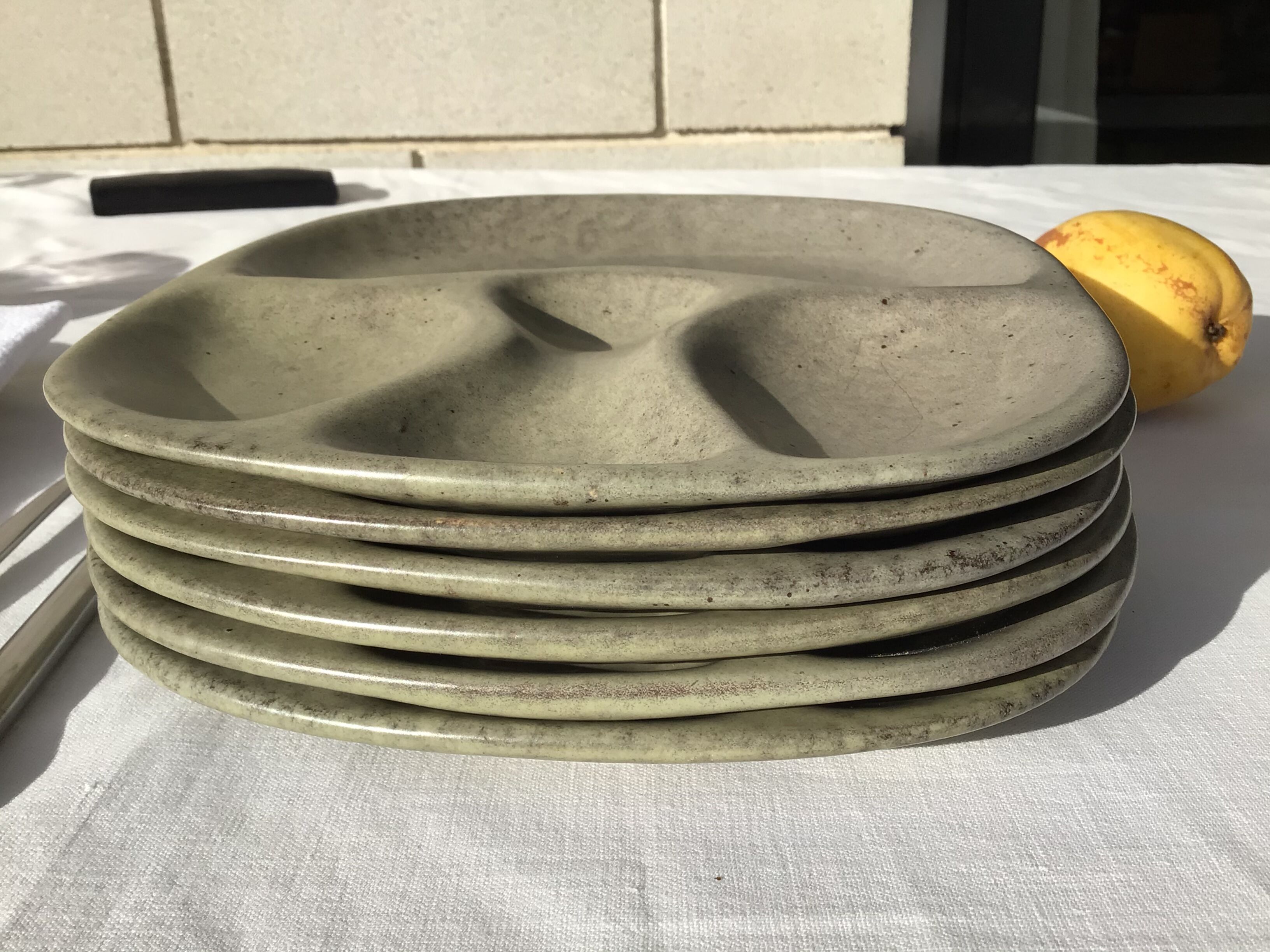 6 green beige compartmentalized plates