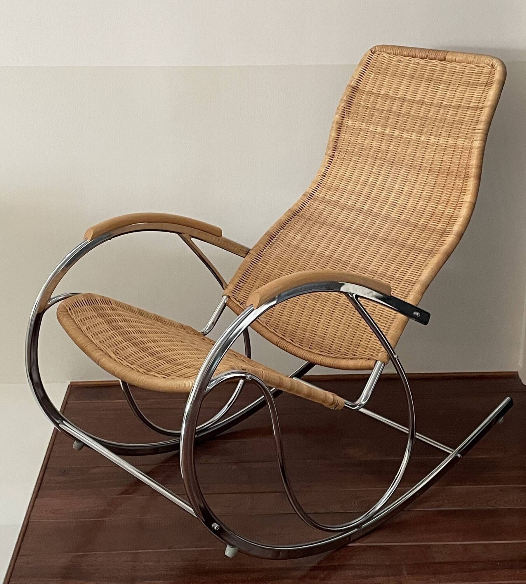 Bauhaus style rocking chair, chrome metal, rattan and beech wood, 1960-70