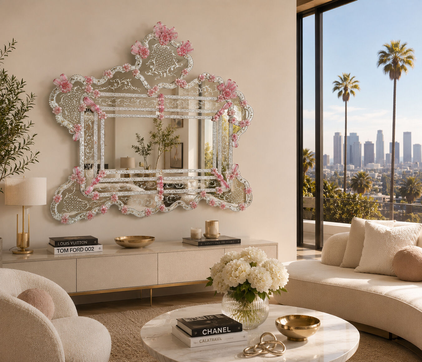 Exceptional Extra Large Size Vintage Pink Murano Glass Wall Mirror, 1950s