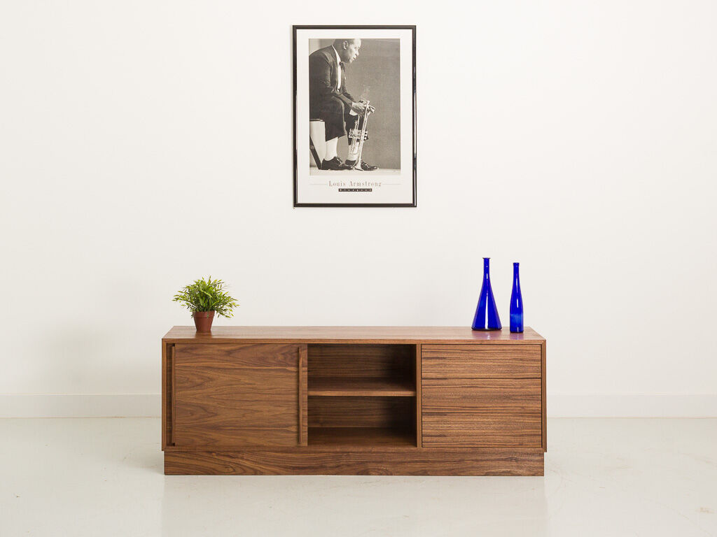 Oiled walnut TV stand equipped with 2 sliding doors and 3 drawers