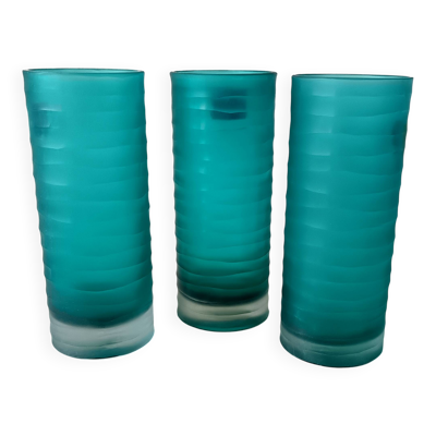 Ensemble 3 vases verre coloré turquoise vintage france, mikasa soufflé