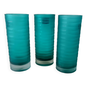 Set of 3 vintage turquoise colored glass vases, france, hand-blown mikasa glass