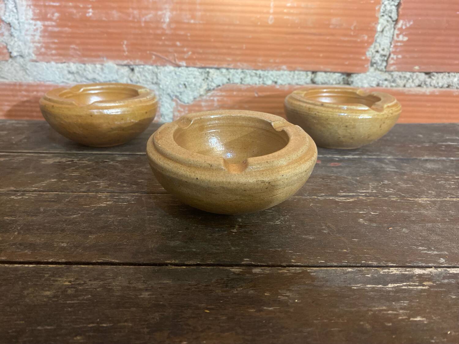 Set of 3 Vintage Beige Stoneware Ashtrays Made in France